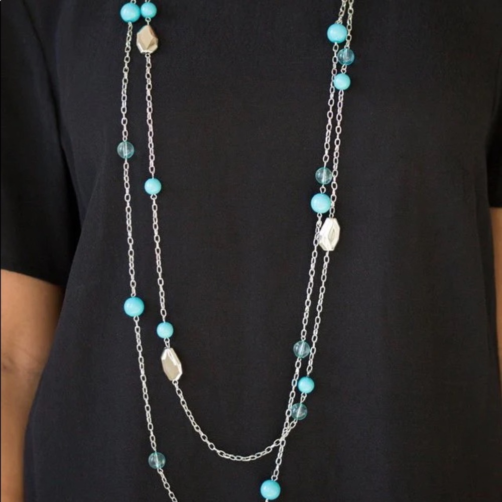 Hitting A Glow Point Long Blue Beaded Necklace & Earrings Set - Picture 1 of 4